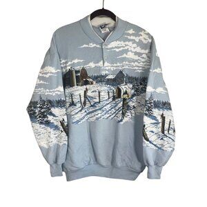 Vintage Winter Sweatshirt Blue L Country Farm Cardinal Festive Holiday Grandma